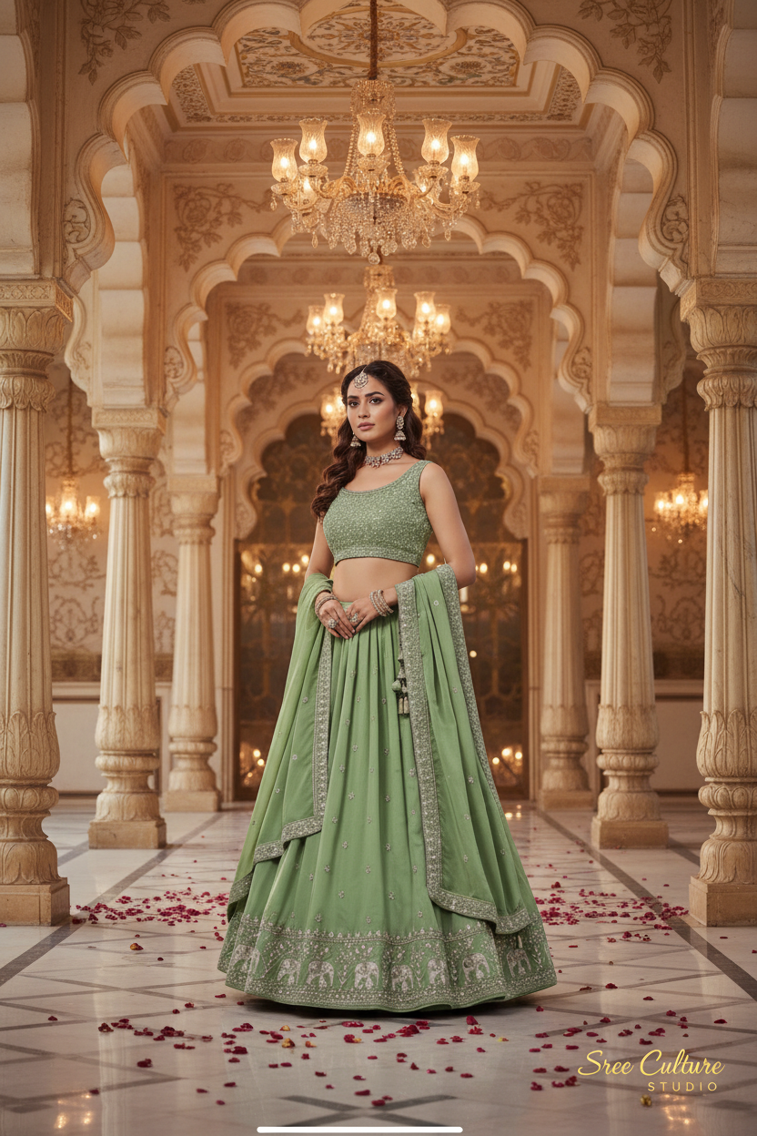 Aripan – Silk Bridal Lehenga – Peacock & Elephant Khatli Work