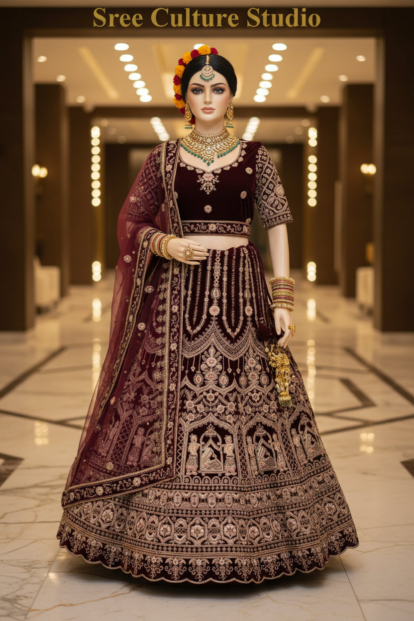 Mayur – Velvet-Net Fabric Bridal Lehenga – Royal Elegance