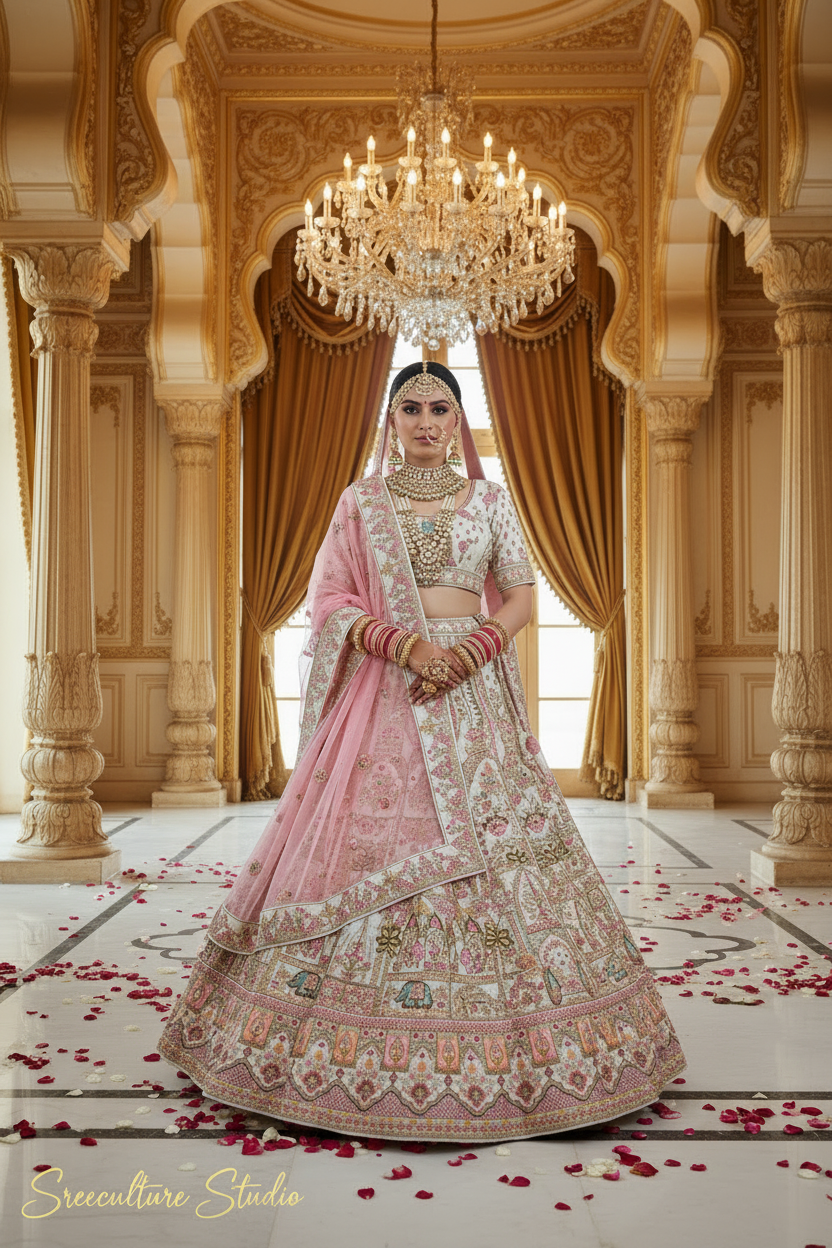 Hansa – White Silk Velvet Bridal Lehenga – Mughal Zardozi Work
