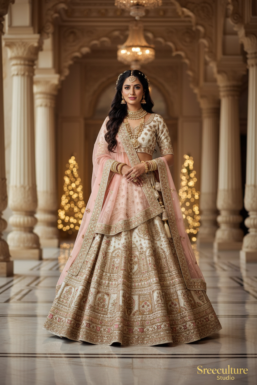 Hansa – White Silk Velvet Bridal Lehenga – Mughal Zardozi Work