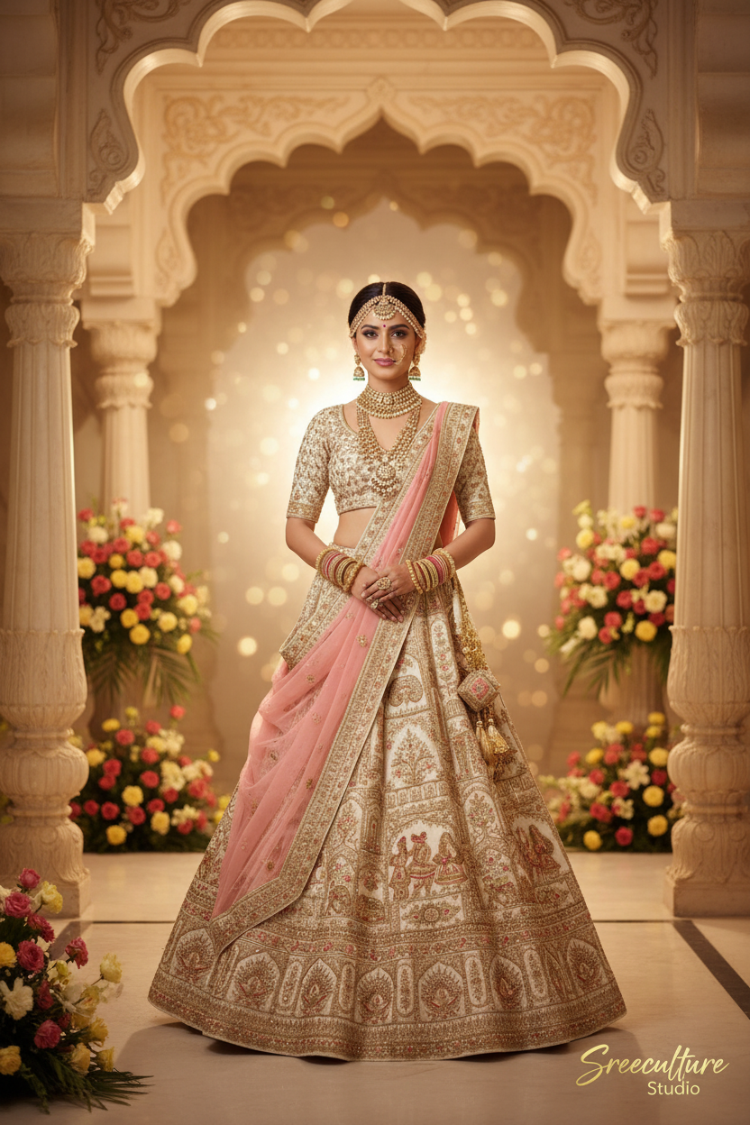 Hansa – White Silk Velvet Bridal Lehenga – Mughal Zardozi Work