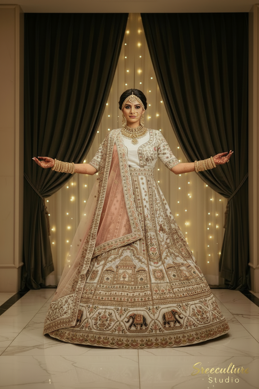 Hansa – White Silk Velvet Bridal Lehenga – Mughal Zardozi Work