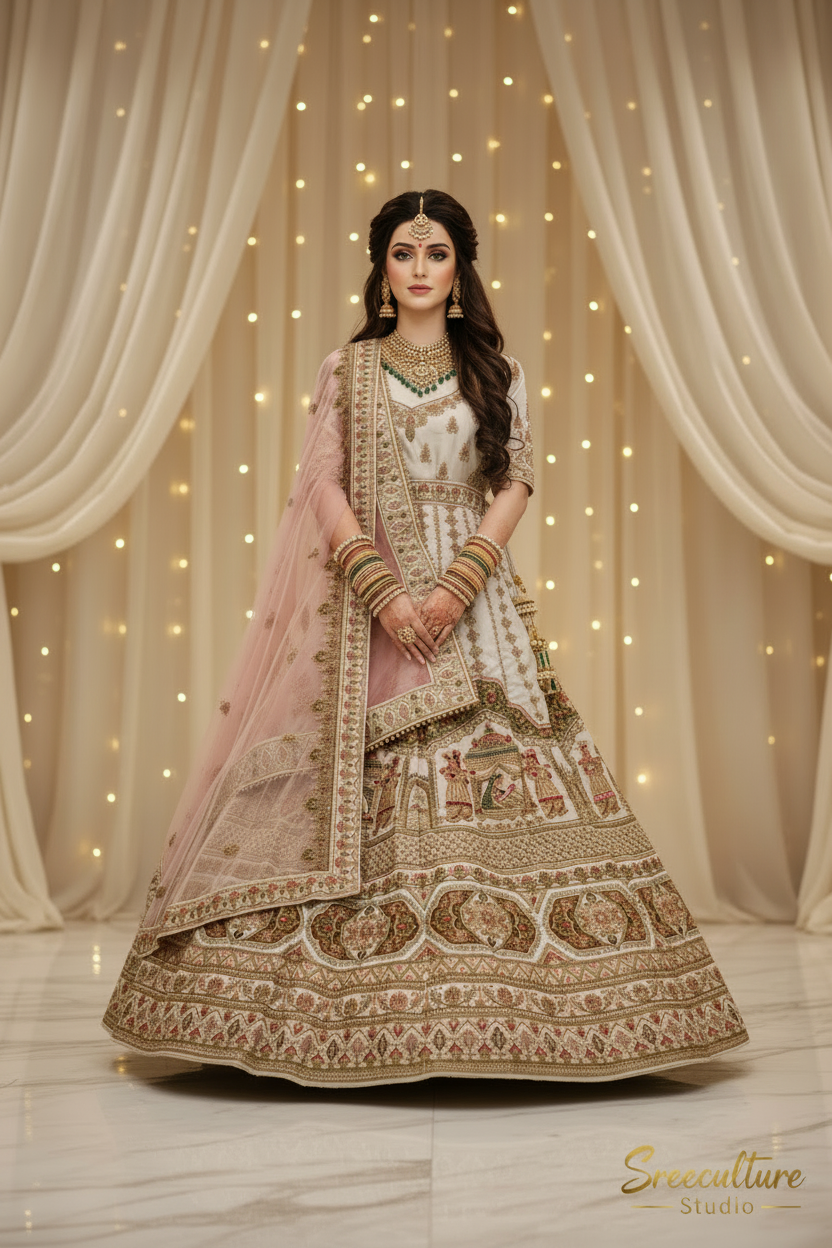 Hansa – White Silk Velvet Bridal Lehenga – Mughal Zardozi Work