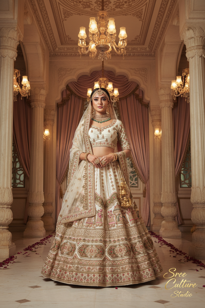 Hansa – White Silk Velvet Bridal Lehenga – Mughal Zardozi Work