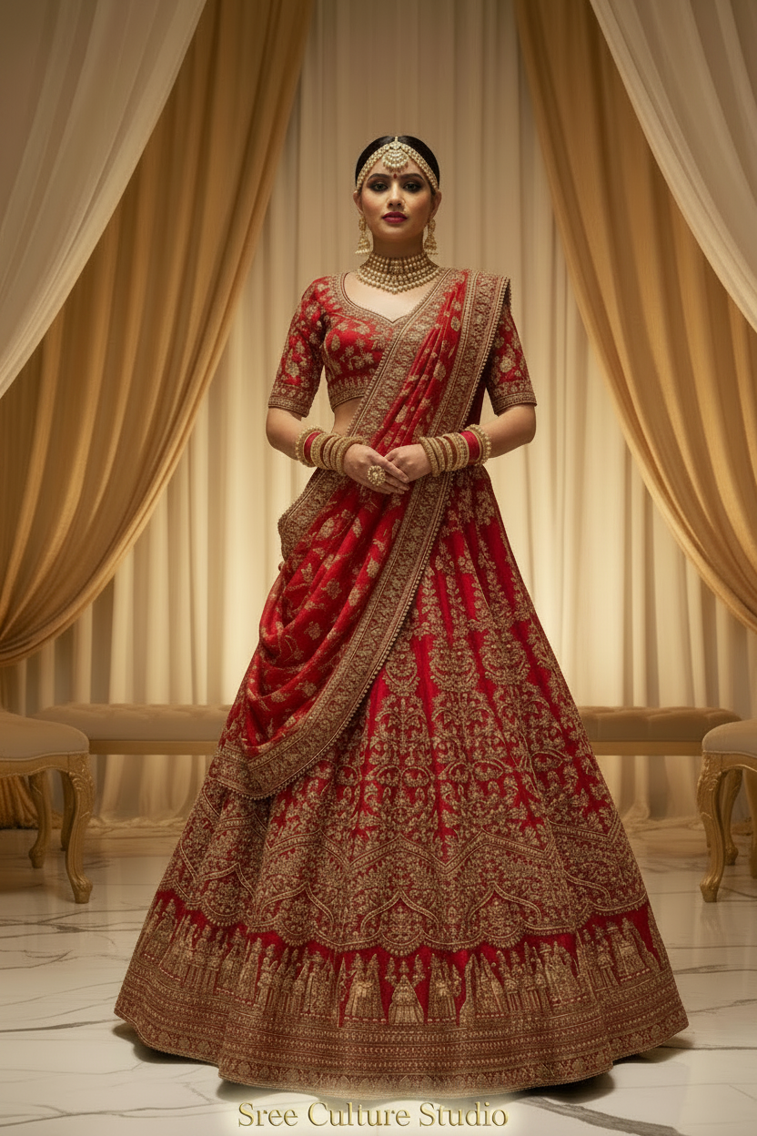 Matsya – Red Silk Bridal Lehenga – Gold Zari Double Dupatta