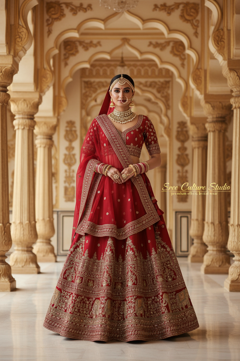 Matsya – Red Silk Bridal Lehenga – Gold Zari Double Dupatta