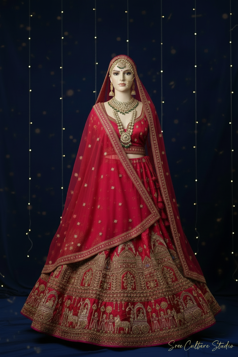 Chandra – Royal Pink & Red Silk Bridal Lehenga – Double Dupatta