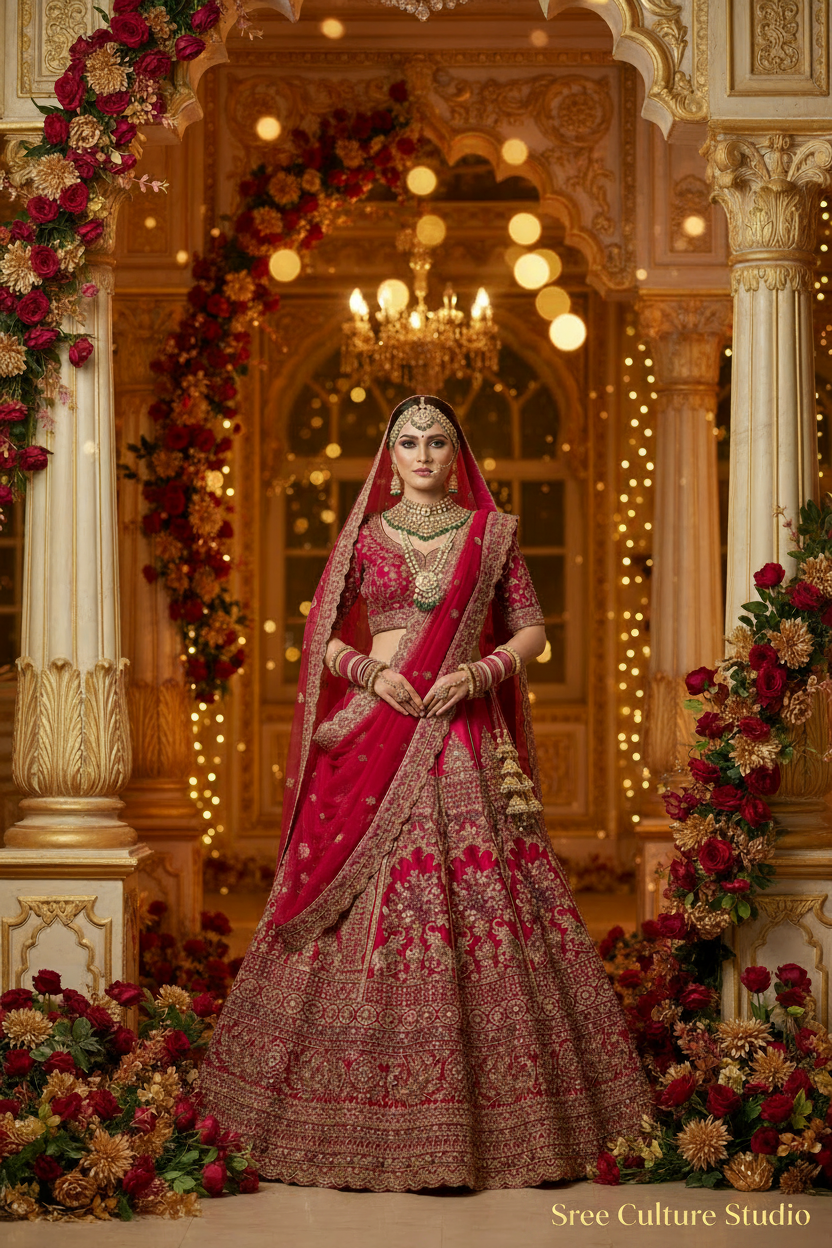 Matsya – Red Silk Bridal Lehenga – Gold Zari Double Dupatta