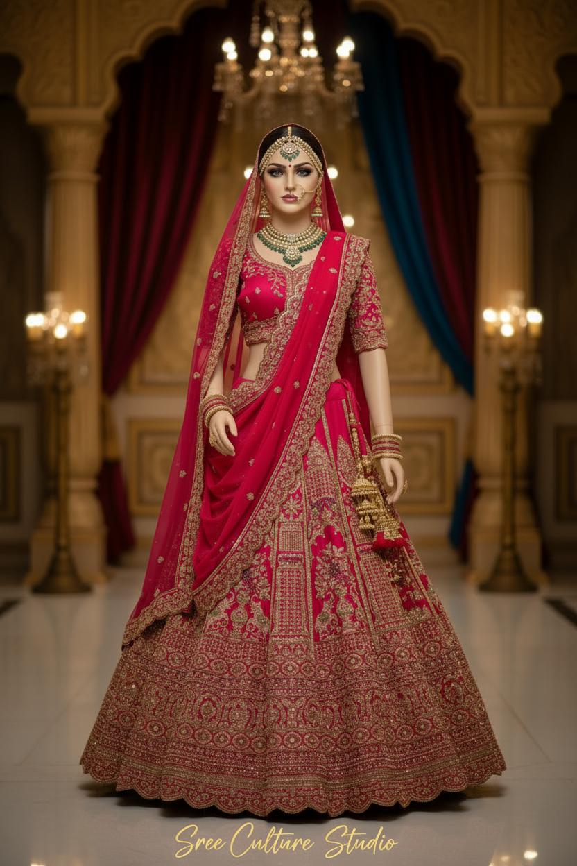 Chandra – Royal Pink & Red Silk Bridal Lehenga – Double Dupatta