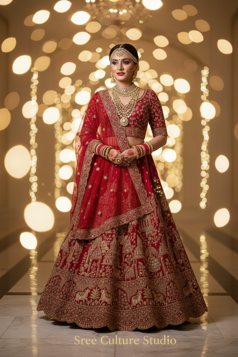 pink with Temple, cow designe  Cut work Beutifuuly Handwork embroidered bridal lehenga with gold details on a mannequin against a store background.