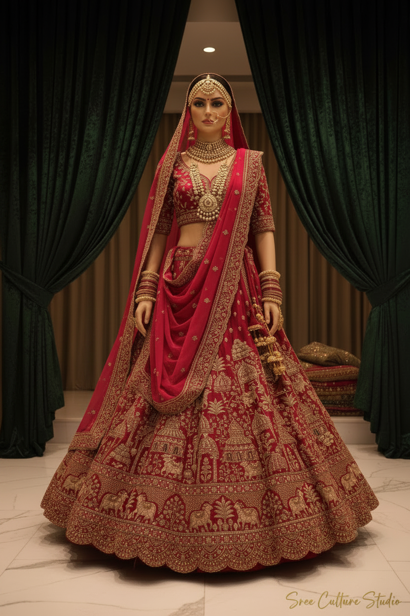 Chandra – Royal Pink & Red Silk Bridal Lehenga – Double Dupatta