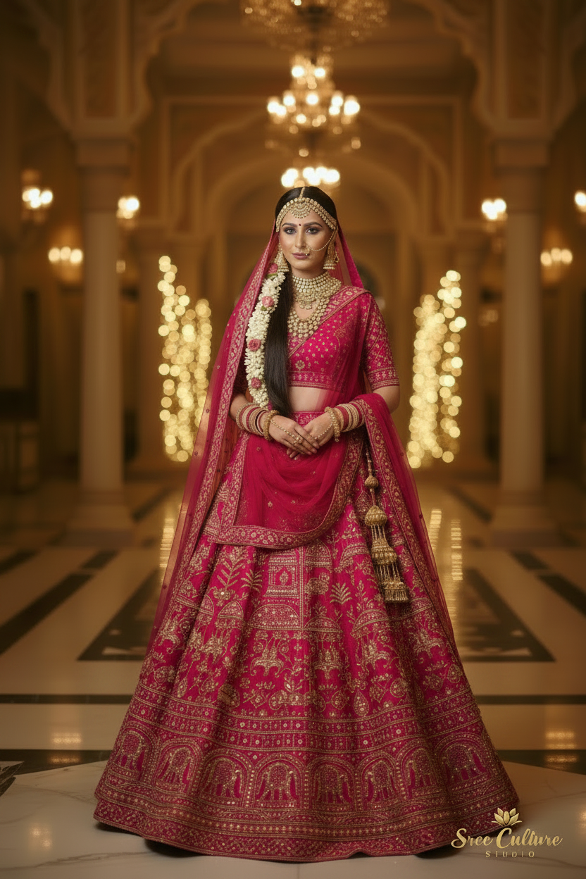 Chandra – Royal Pink & Red Silk Bridal Lehenga – Double Dupatta