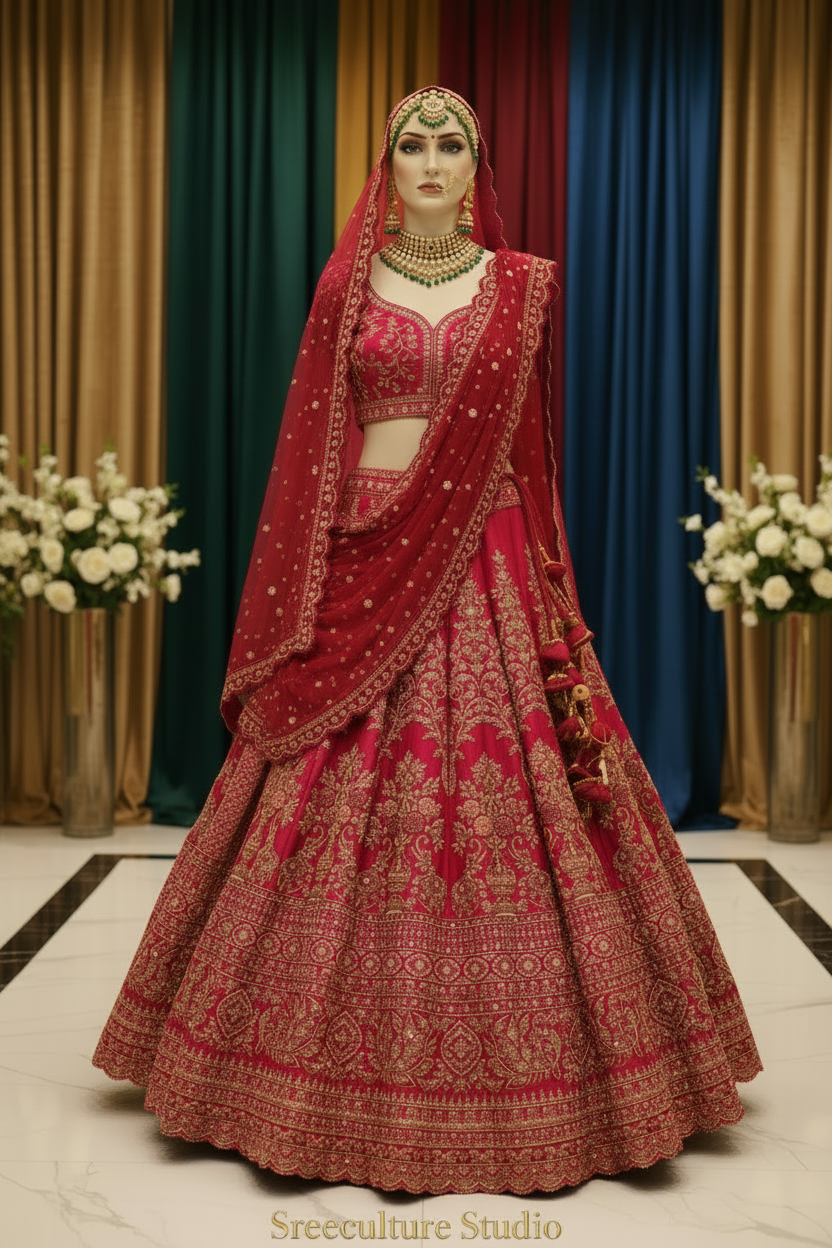 Chandra – Royal Pink & Red Silk Bridal Lehenga – Double Dupatta