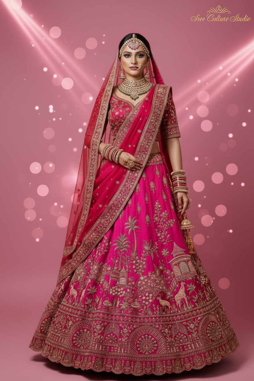 Chandra – Royal Pink & Red Silk Bridal Lehenga – Double Dupatta