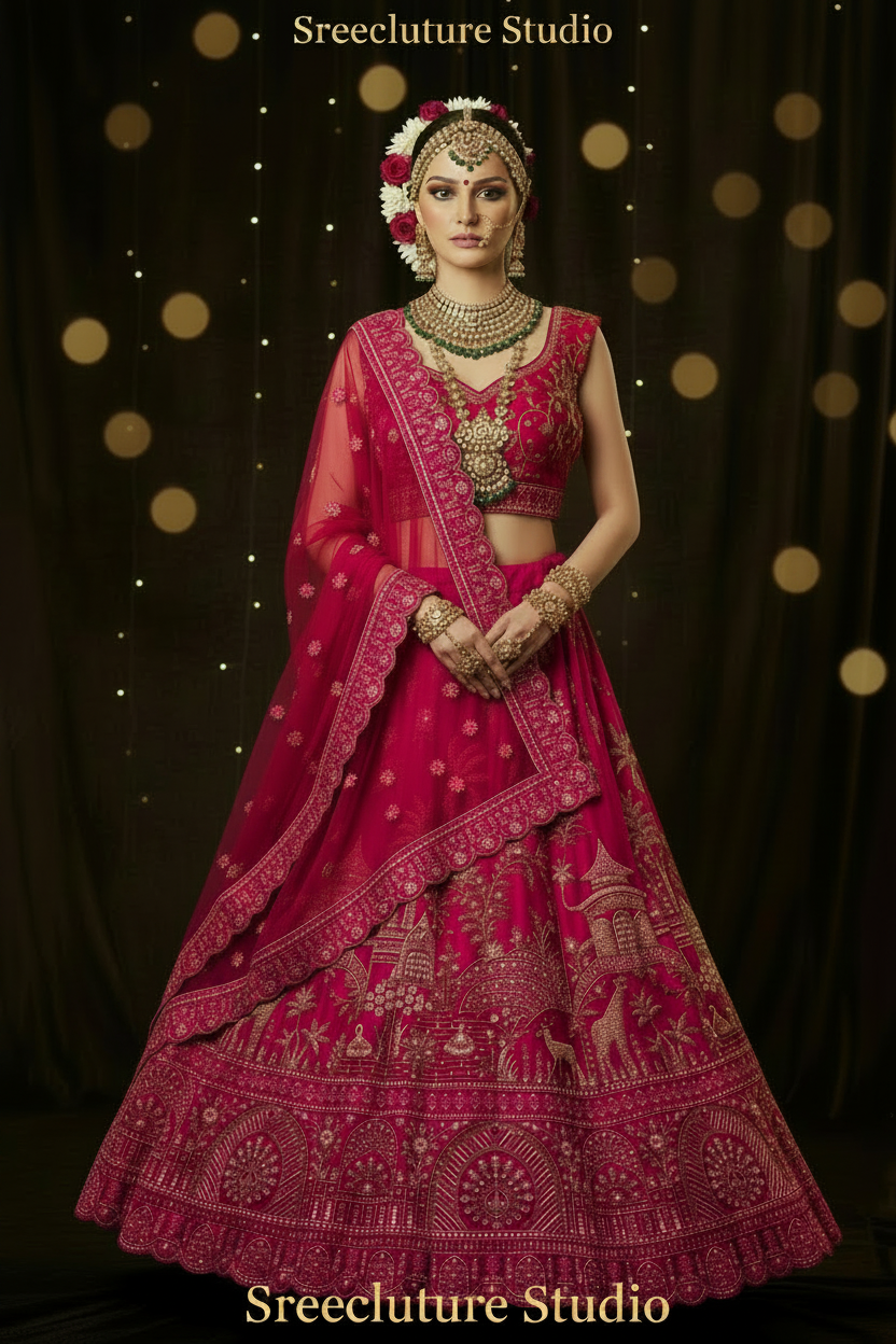 Chandra – Royal Pink & Red Silk Bridal Lehenga – Double Dupatta