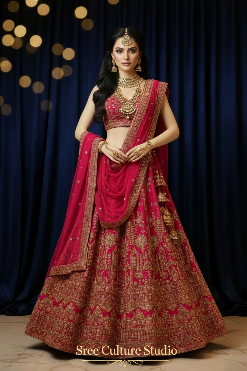 Chandra – Royal Pink & Red Silk Bridal Lehenga – Double Dupatta