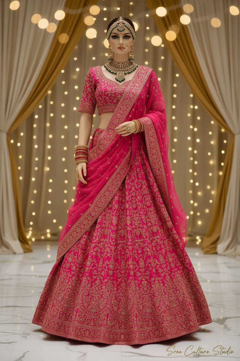 Chandra – Royal Pink & Red Silk Bridal Lehenga – Double Dupatta