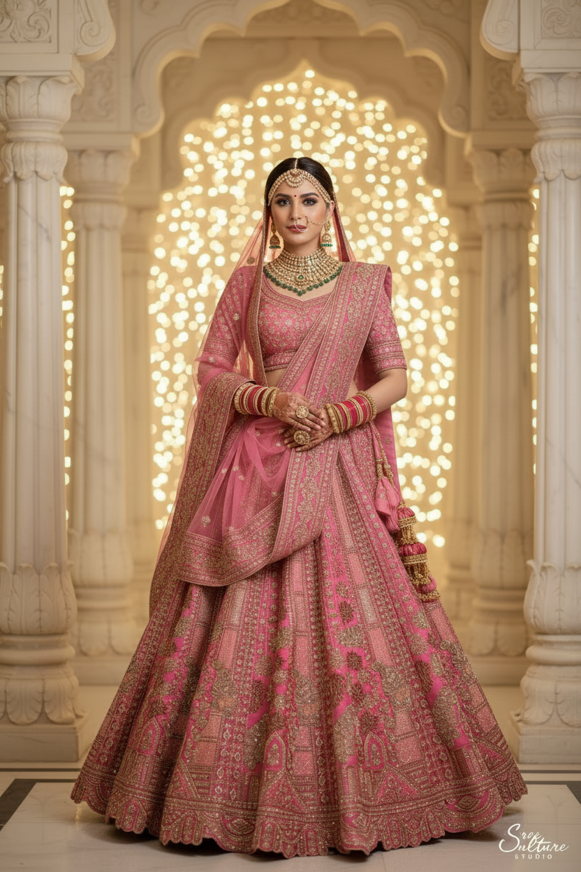 Chandra – Royal Pink & Red Silk Bridal Lehenga – Double Dupatta