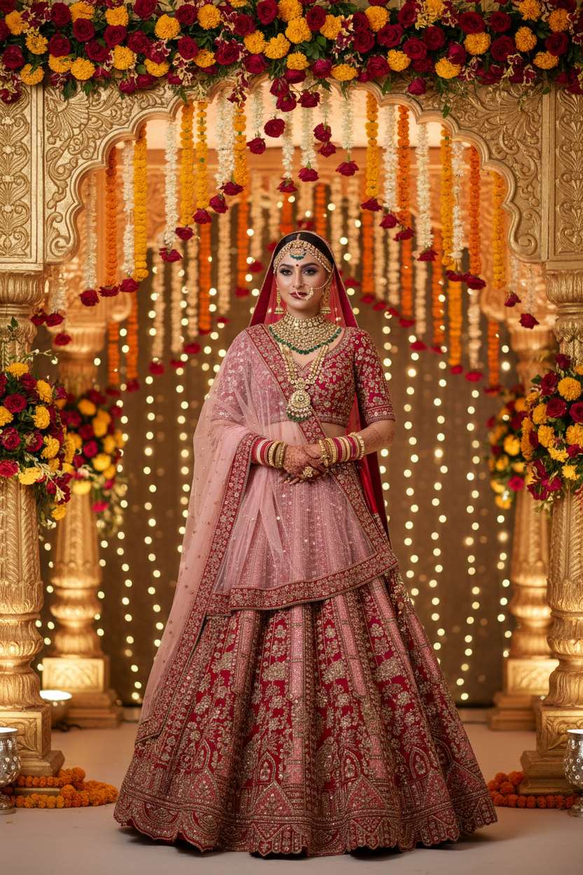 Surya – Pink & Red Silk Bridal Lehenga – Double Dupatta Zardozi Work