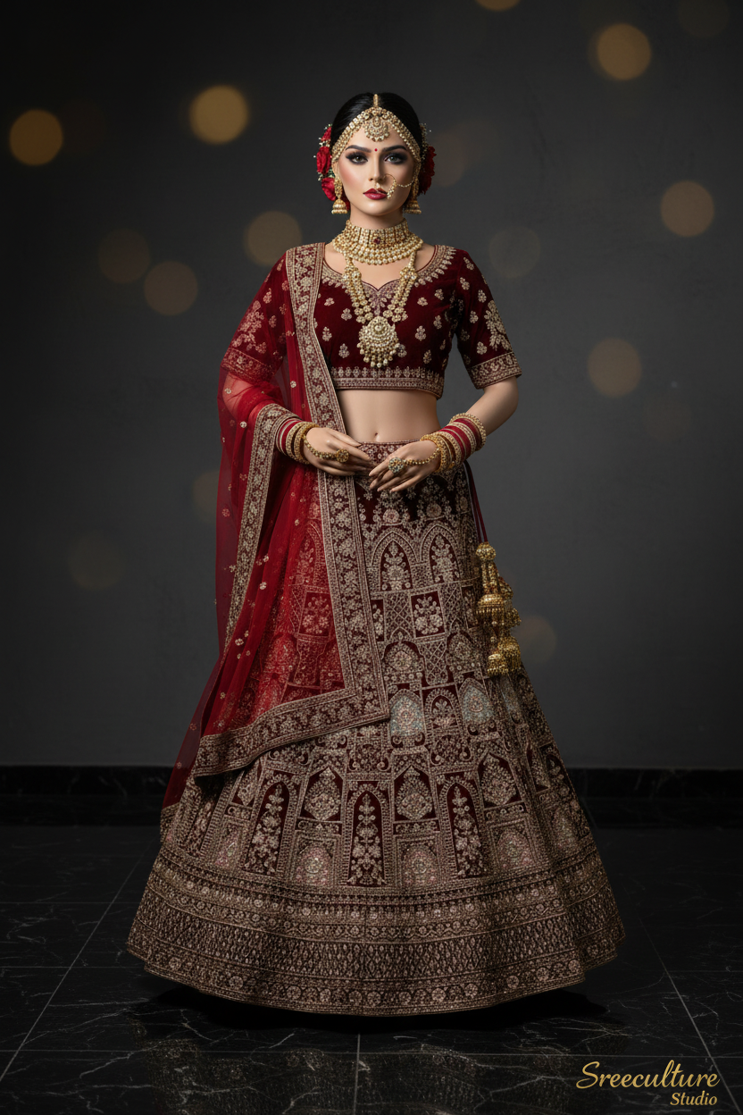 Mayur – Velvet-Net Fabric Bridal Lehenga – Royal Elegance