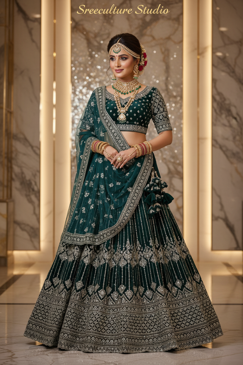 Mayur – Velvet-Net Fabric Bridal Lehenga – Royal Elegance