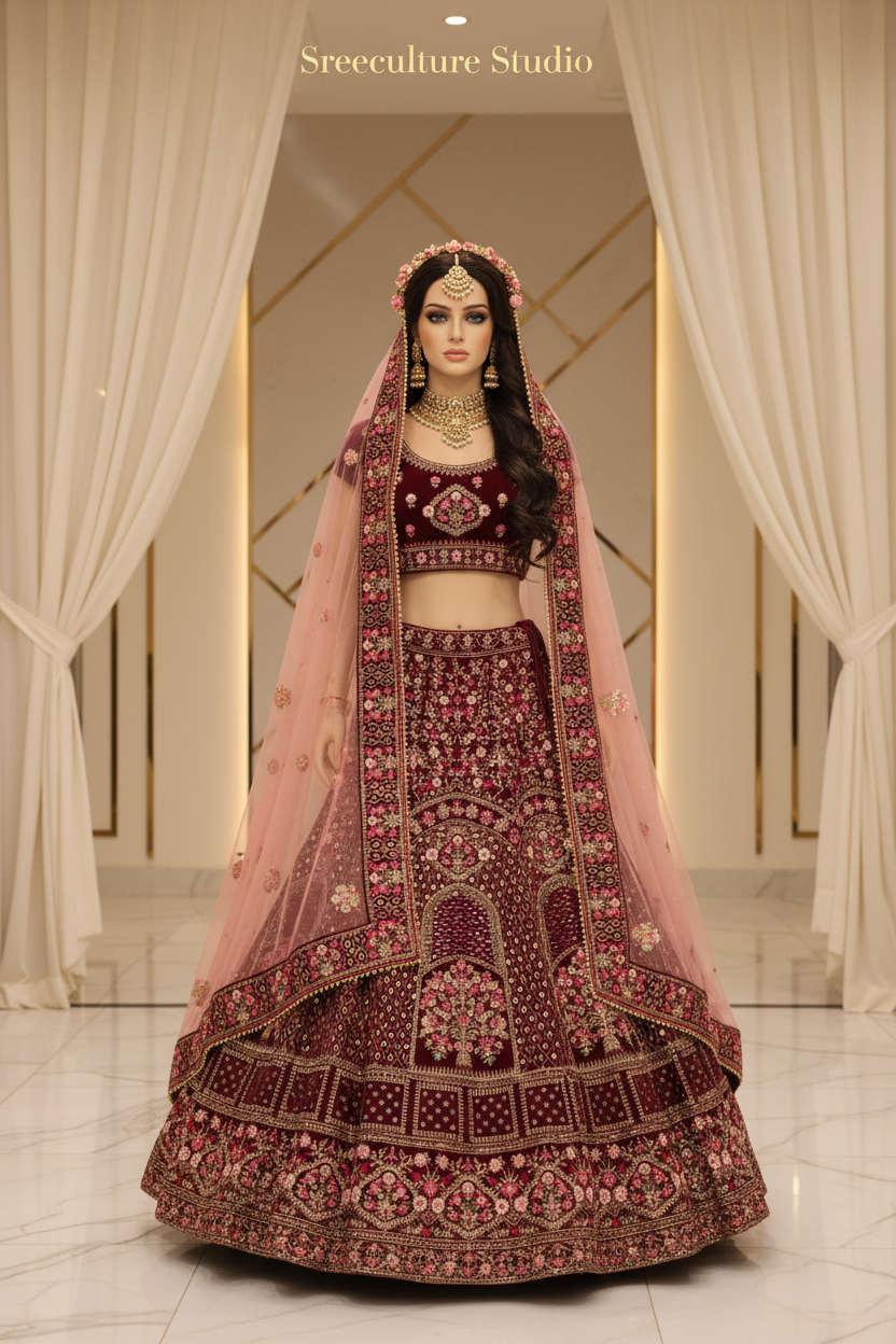 Mayur – Velvet-Net Fabric Bridal Lehenga – Royal Elegance