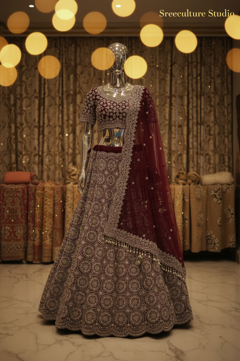 Mayur – Velvet-Net Fabric Bridal Lehenga – Royal Elegance